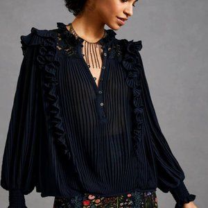 0100 Anthropologie Pleated Ruffled Black Blouse - New XXS Retail $148